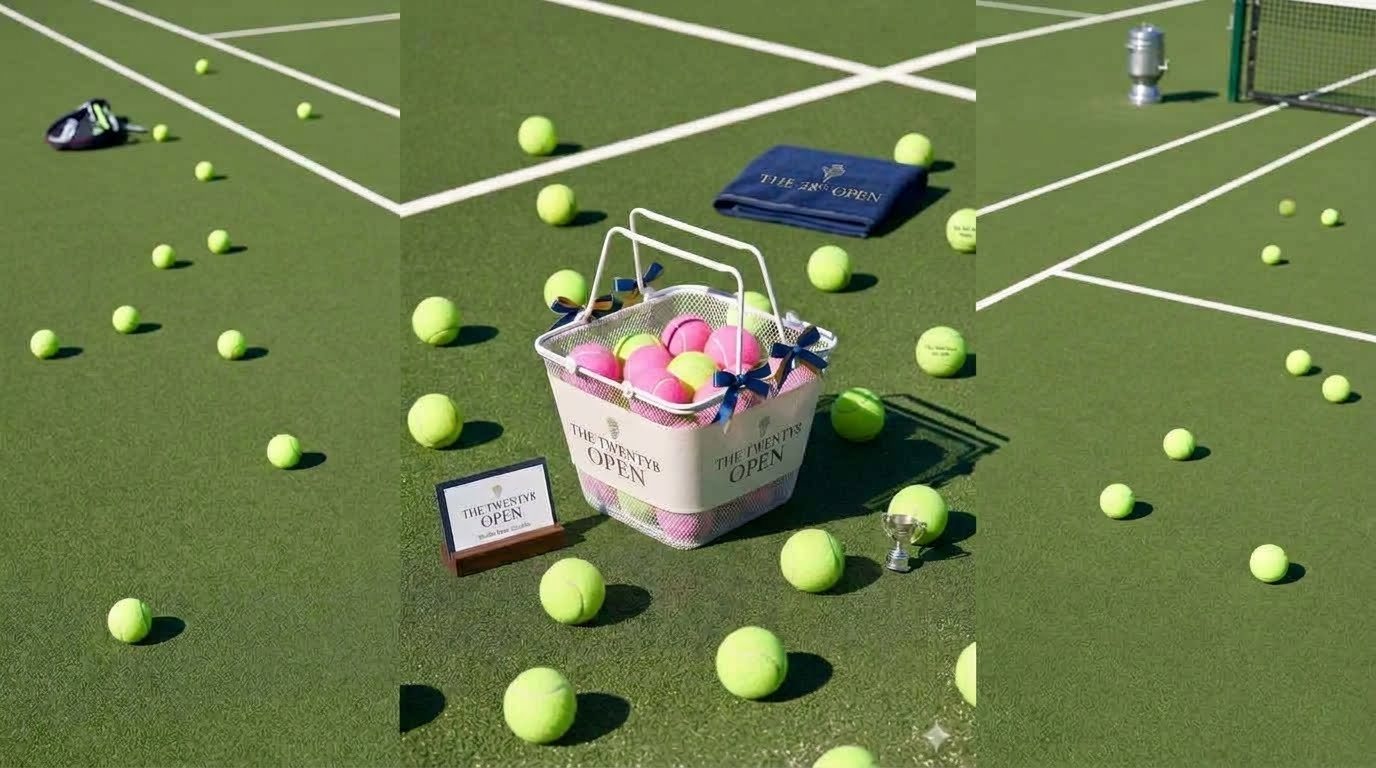 Branded Twenty8 Open basket of pink and yellow tennis balls on a grass court