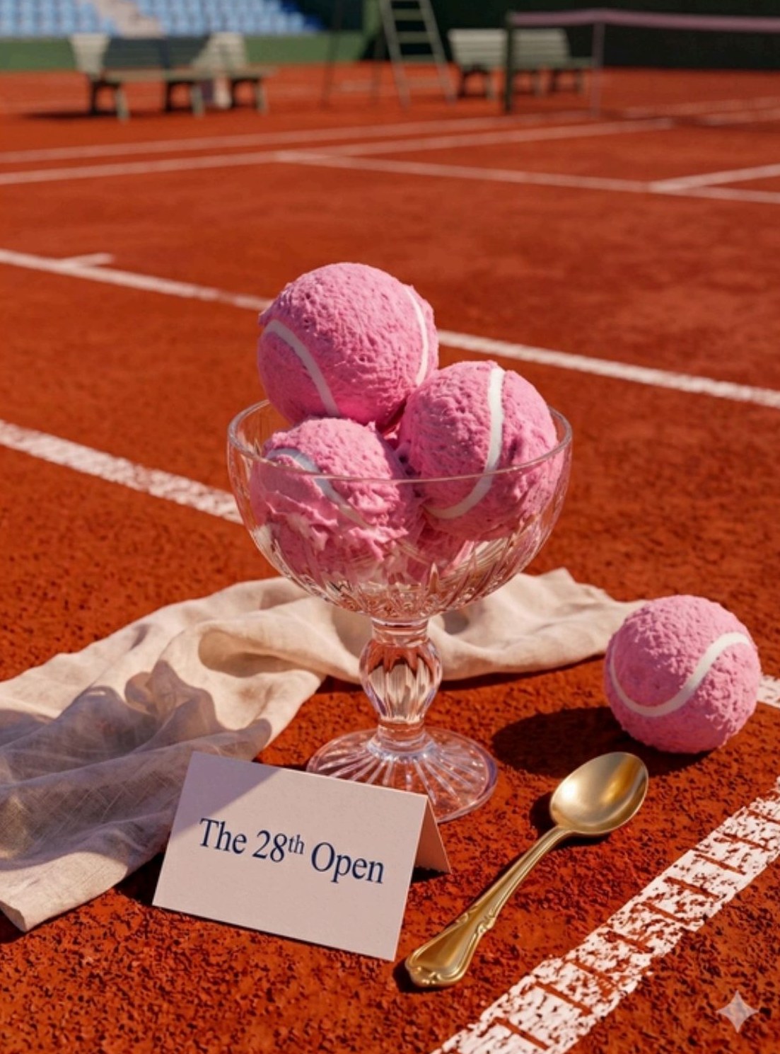 Pink tennis-ball shaped ice cream scoops in a coupe glass on clay