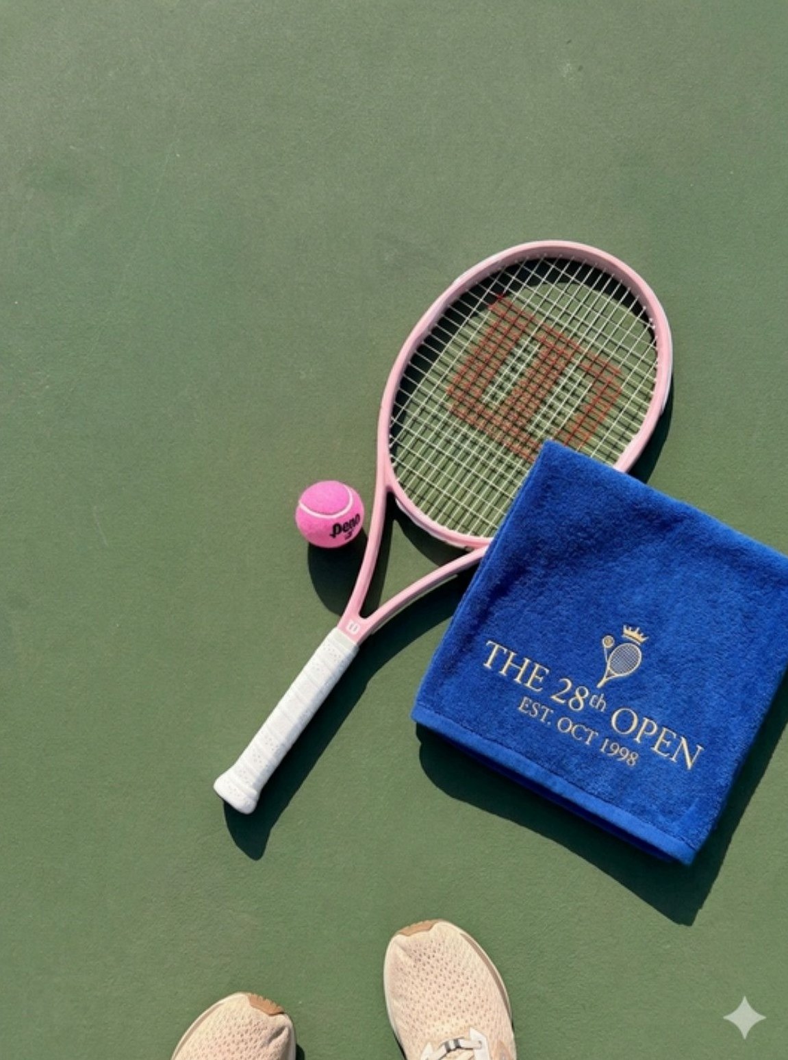 Pink racket, pink ball and navy embroidered towel on a green tennis court
