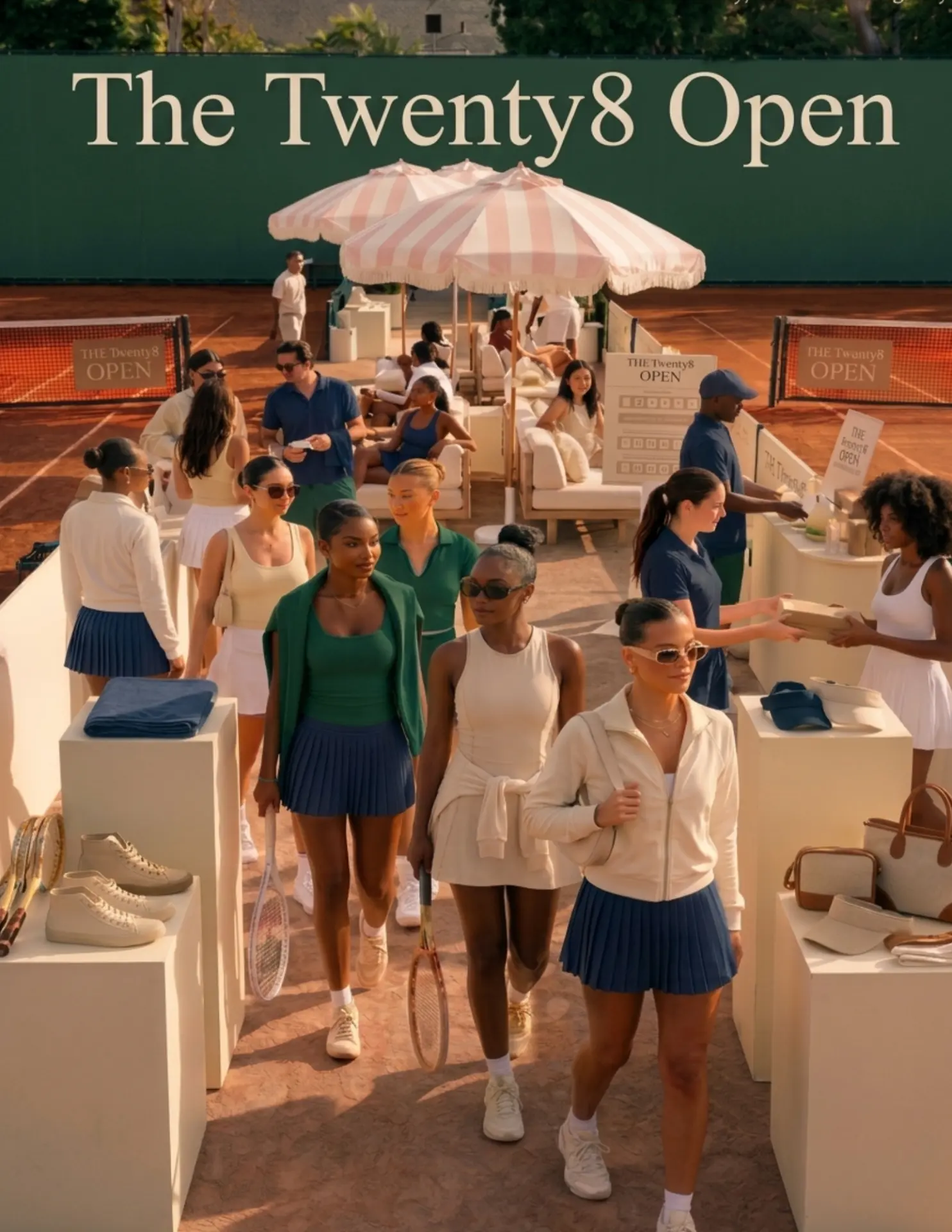 Branded courtside lounge with sneakers, rackets, bags and partner brand pop up on a clay court