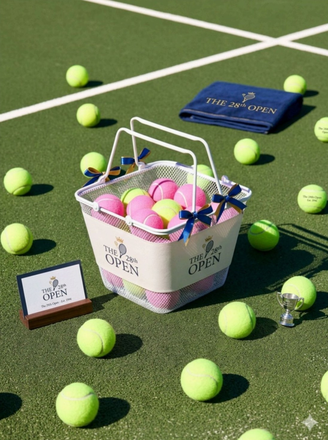 Basket of pink and yellow branded tennis balls on a green court