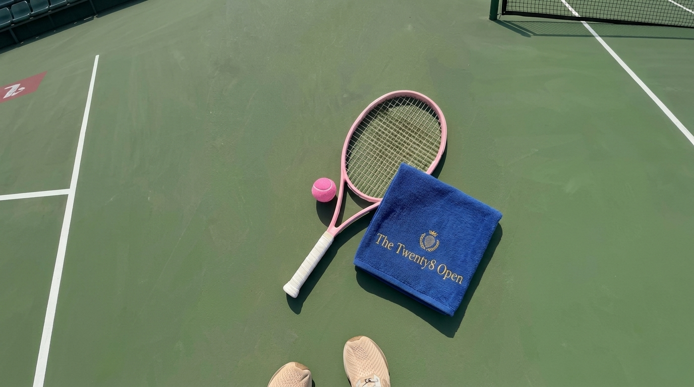 Pink tennis racket, pink ball and navy Twenty8 Open towel on a green hard court