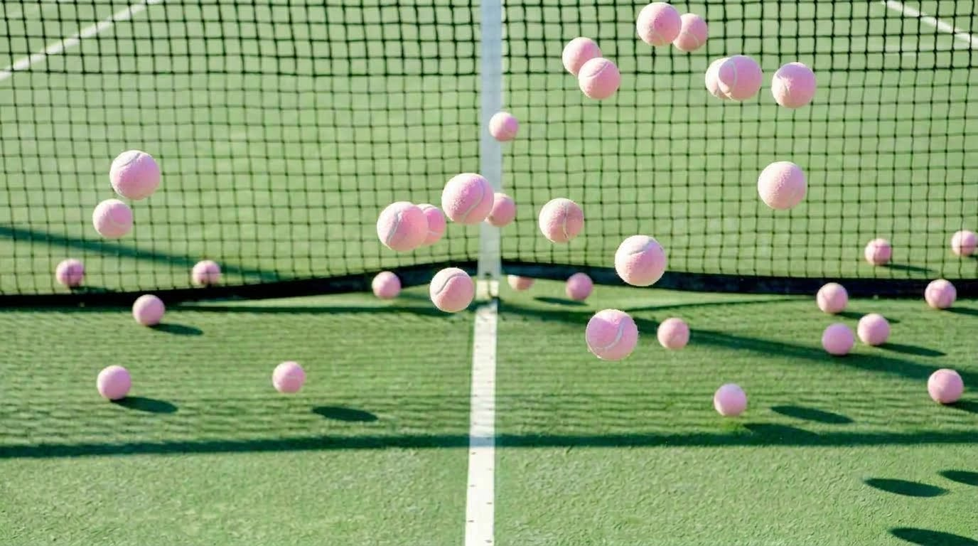 Pink Wilson tennis balls bouncing in front of the net on a grass court