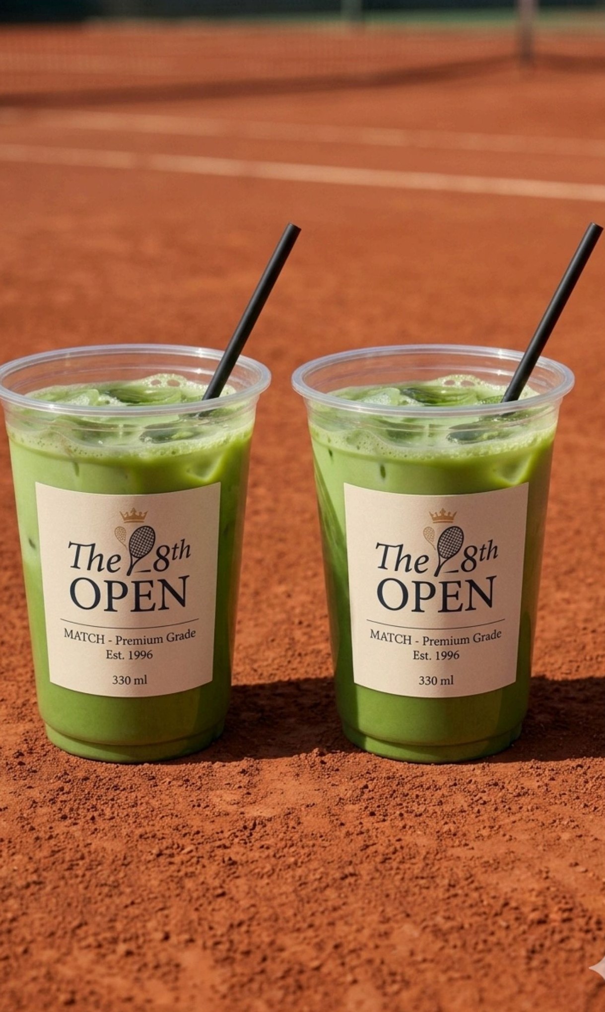Two iced matcha drinks branded The 28th Open on a clay court