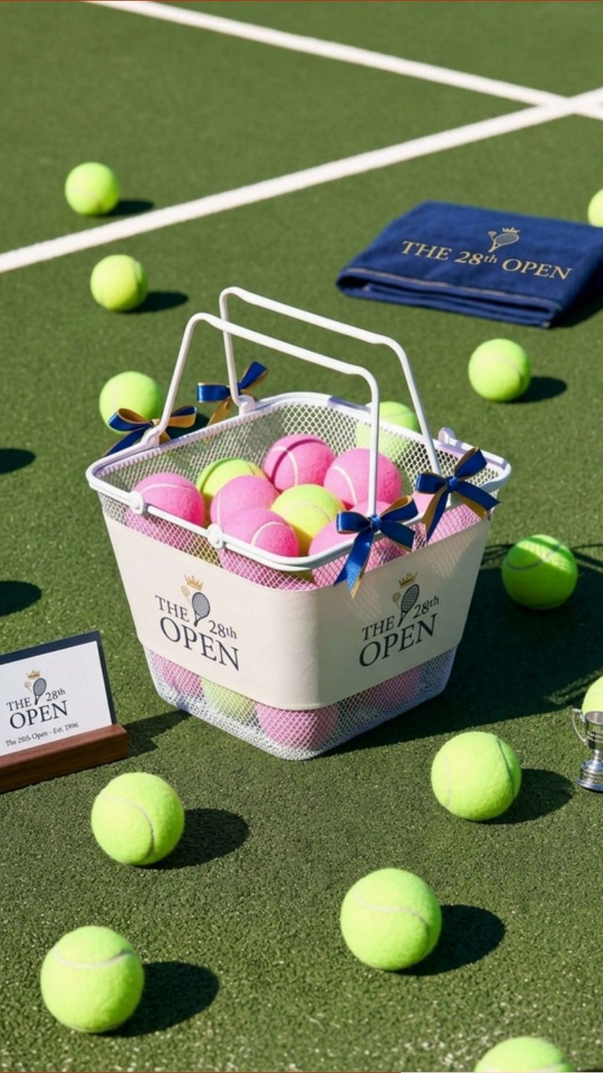 White branded basket filled with pink and yellow tennis balls on a green court