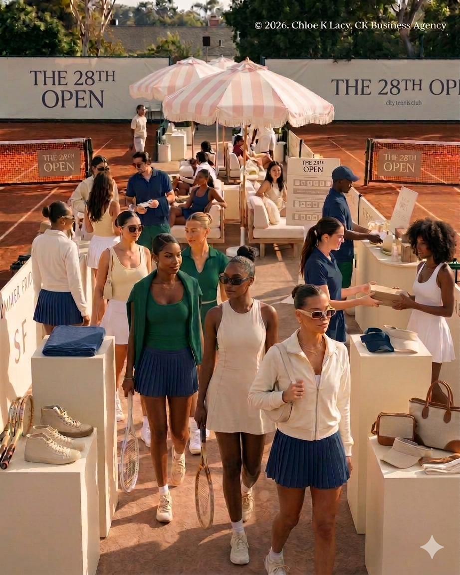 Branded courtside lounge with sneakers, rackets, bags and partner brand pop up on a clay court