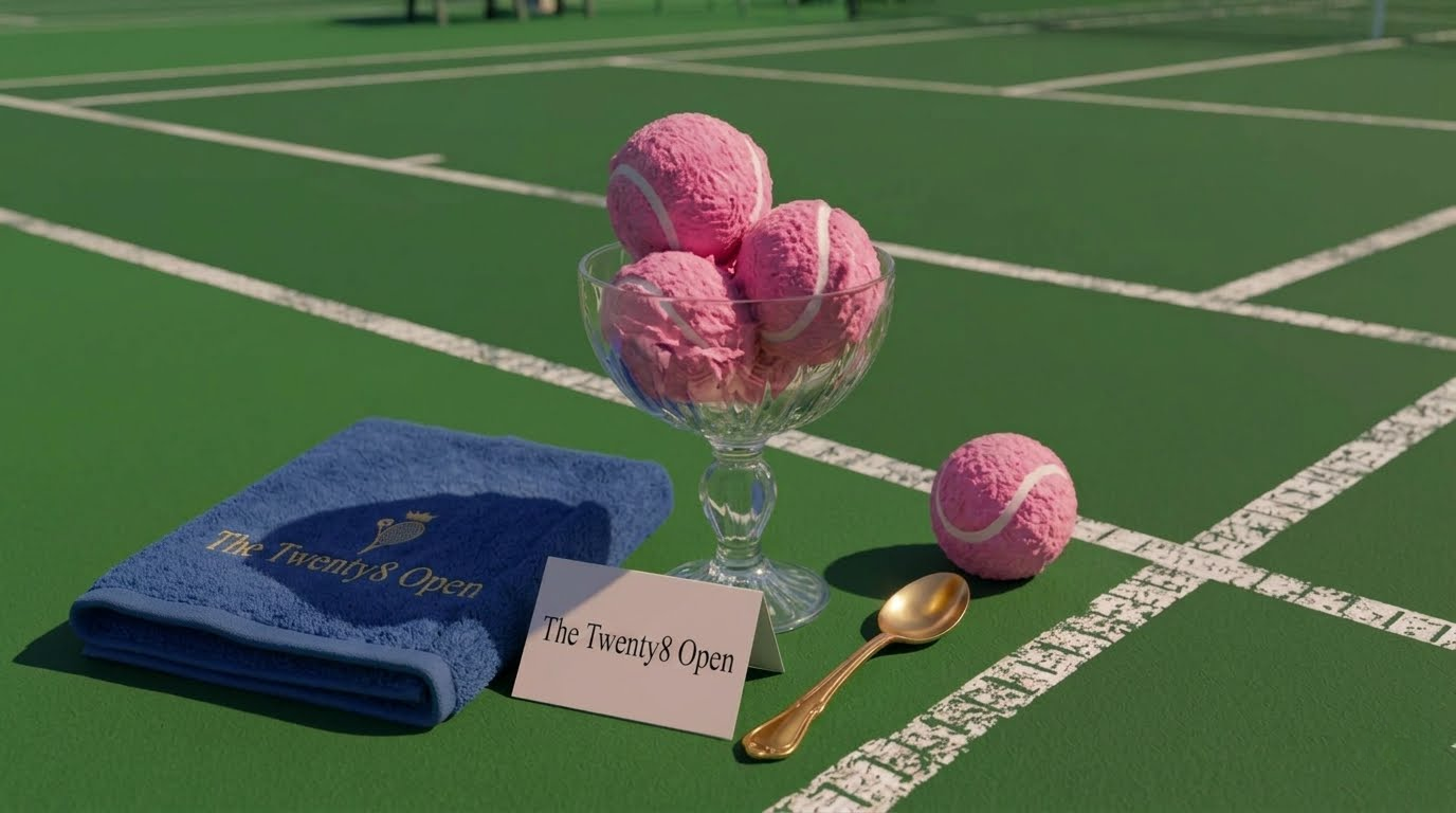 Pink tennis-ball ice cream scoops in a coupe glass beside a Twenty8 Open towel on clay